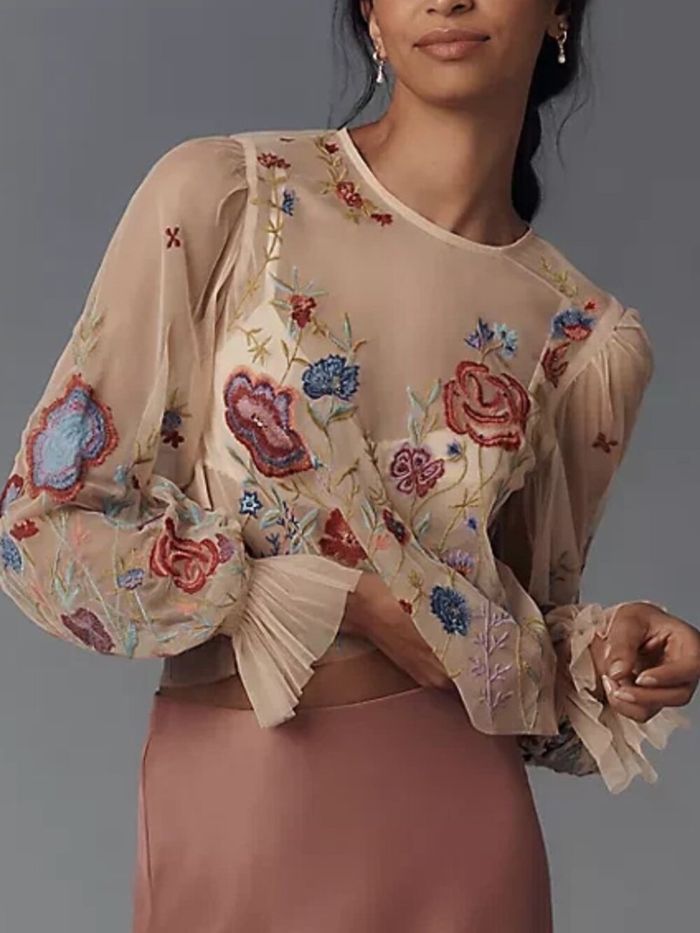 Anthropologie The Layla Long-Sleeve Appliqué Mesh Blouse Beaded Light Sand S